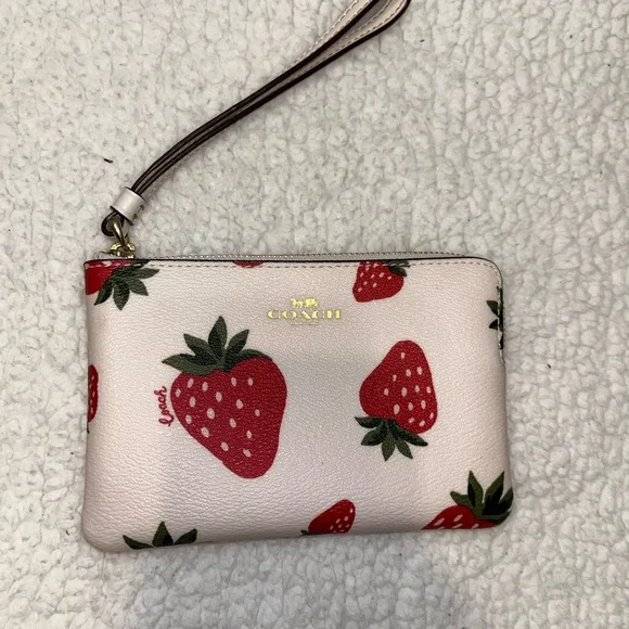 Coach Strawberry Fruit Print Leather Wristlet - Picture 1 of 3